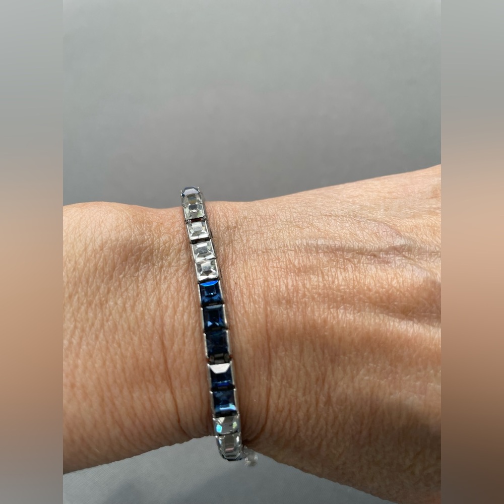 Deco period antique sterling Blue & clear stone line Bracelet Otis 7 in mint